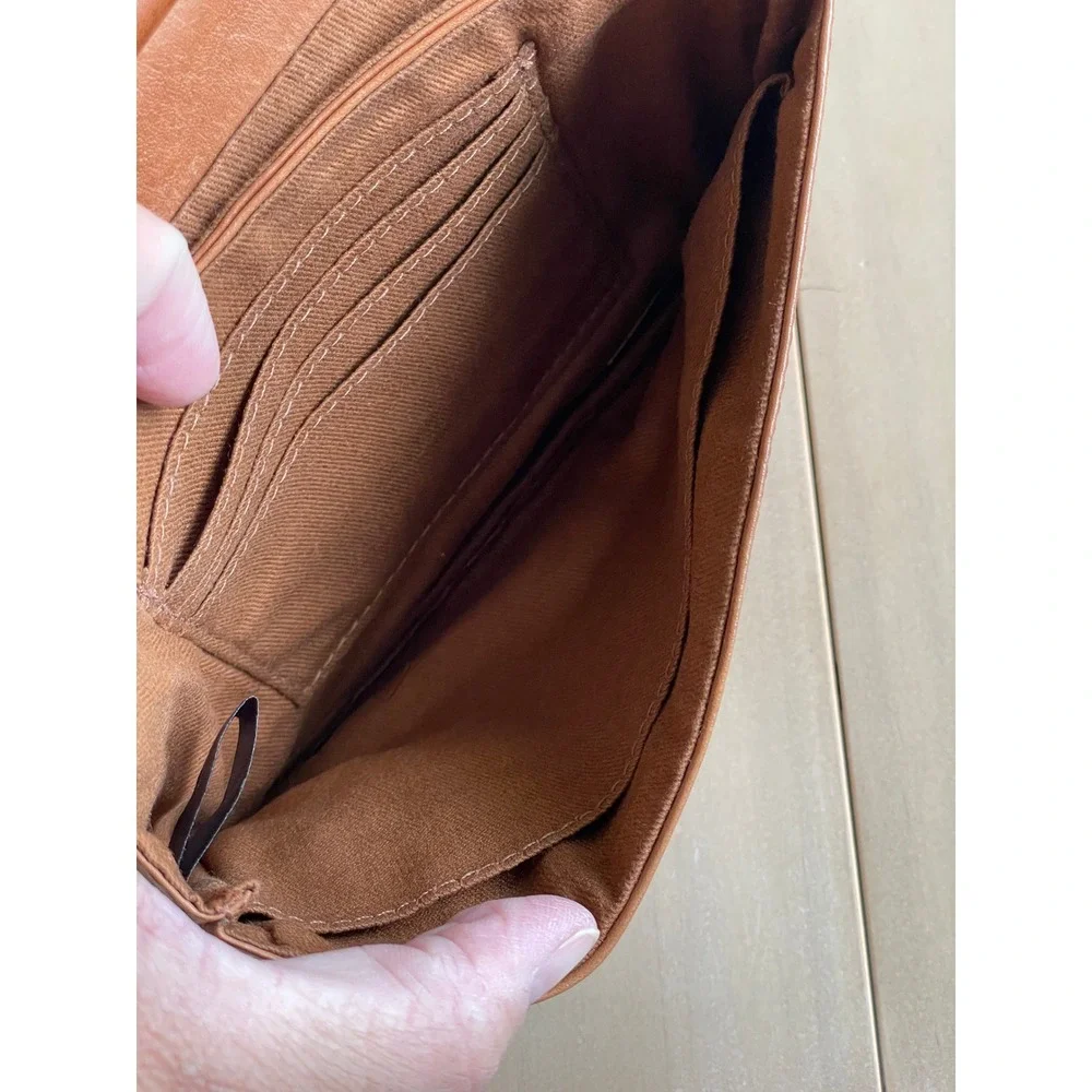 Vintage VTG Tan Brown Leather Crossbody Bag Accordion Organizer Purse Adjustable